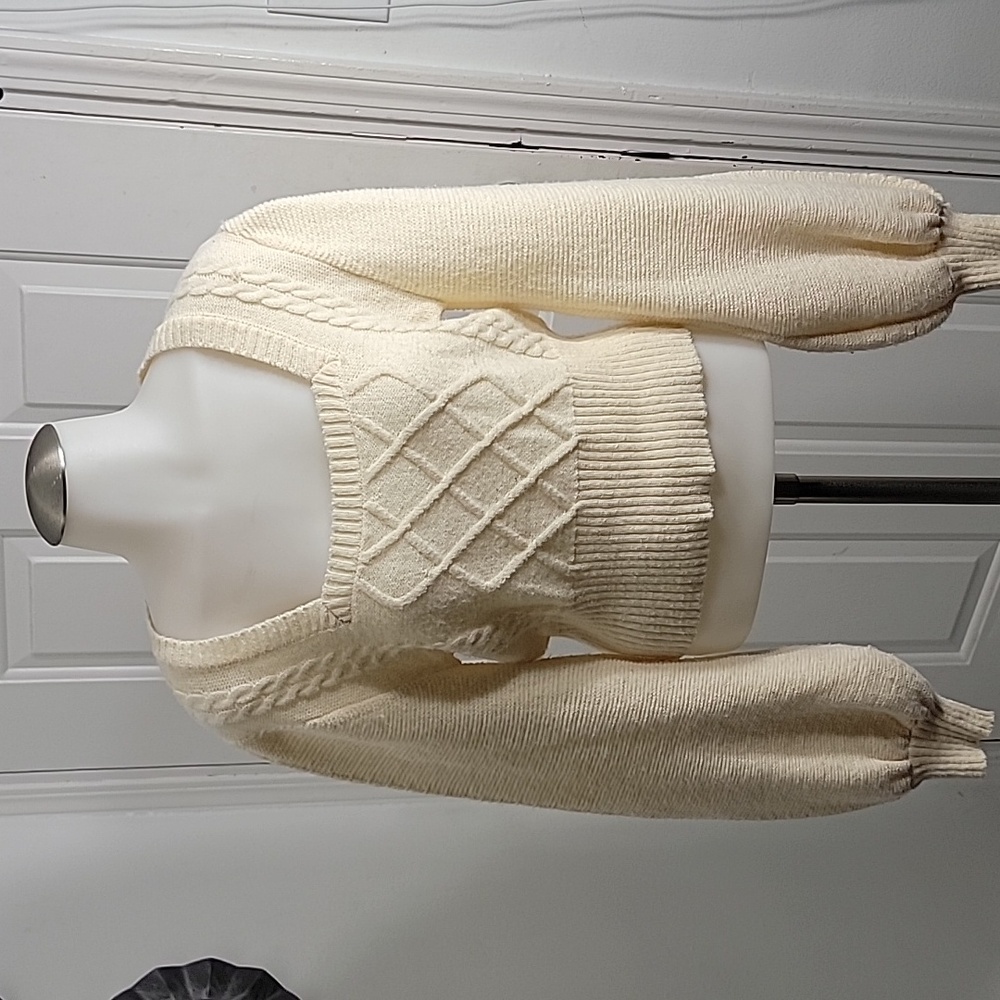 PRENI Women's Sweater Cable Knit Square Neck Lantern Sleeve Sweater Sweater M/L